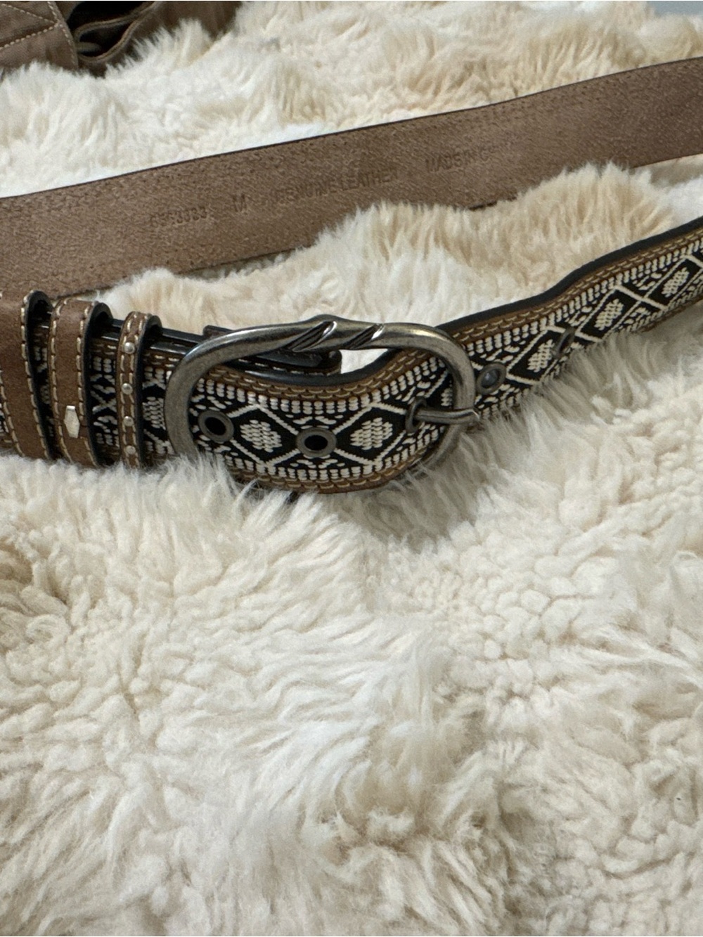 Brown Embroidered Women's Leather Belt with Silver Buckle